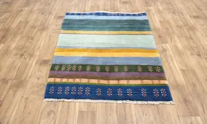 3'7x4'9 Hand Knotted Tribal Striped Oriental Wool Rug