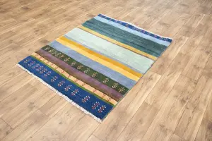 3'7x4'9 Hand Knotted Tribal Striped Oriental Wool Rug