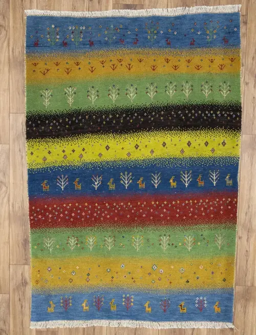 4'2x5'11 Hand Knotted Tribal Striped Oriental Wool Rug