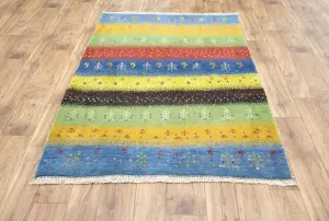 4'2x5'11 Hand Knotted Tribal Striped Oriental Wool Rug