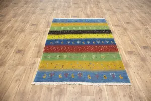 4'2x5'11 Hand Knotted Tribal Striped Oriental Wool Rug