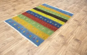 4'2x5'11 Hand Knotted Tribal Striped Oriental Wool Rug