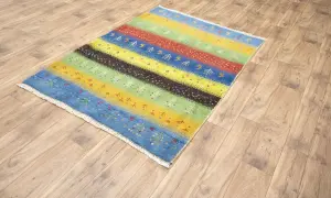 4'2x5'11 Hand Knotted Tribal Striped Oriental Wool Rug
