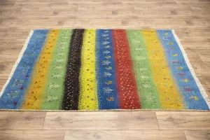 4'2x5'11 Hand Knotted Tribal Striped Oriental Wool Rug