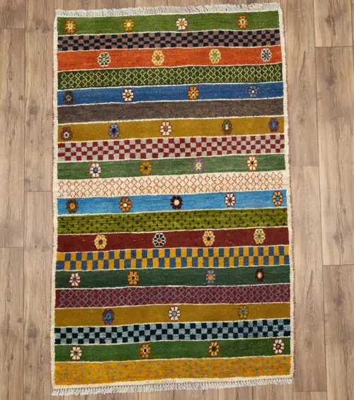 3'2x4'11 Hand Knotted Tribal Stripped Oriental Wool Rug