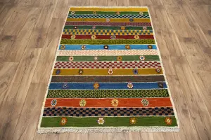 3'2x4'11 Hand Knotted Tribal Stripped Oriental Wool Rug