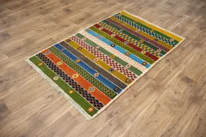 3'2x4'11 Hand Knotted Tribal Stripped Oriental Wool Rug