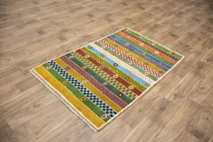 3'2x4'11 Hand Knotted Tribal Stripped Oriental Wool Rug