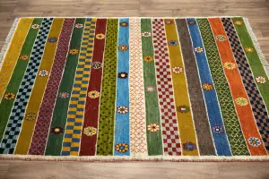 3'2x4'11 Hand Knotted Tribal Stripped Oriental Wool Rug