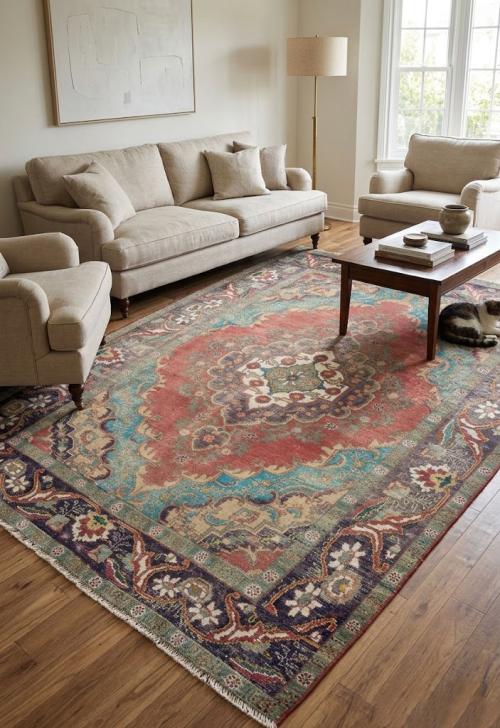 6'4x9'4 Hand Knotted Muted Floral Classic Oriental Wool Rug
