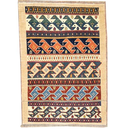 3'5x4'10 Hand Knotted Tribal Striped Oriental Wool Rug