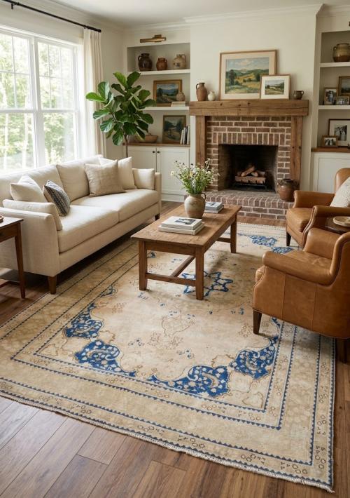 6'3x9'3 Hand Knotted Cream Floral Classic Oriental Wool Rug