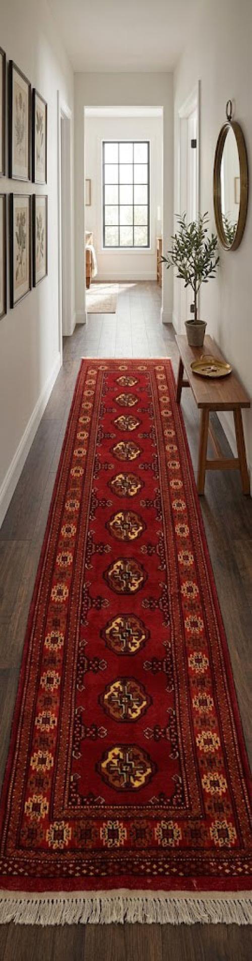 2'6 X 9'9 Red Hand Knotted Turkoman Persian Wool Runner Rug