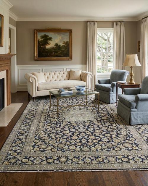 Vintage Navy Blue Traditional 10' x 13' Kashan Persian Rug