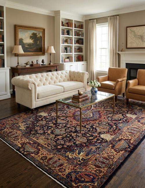 Vintage Dark Navy Pictorial 10' x 13' Kashmar Persian Rug