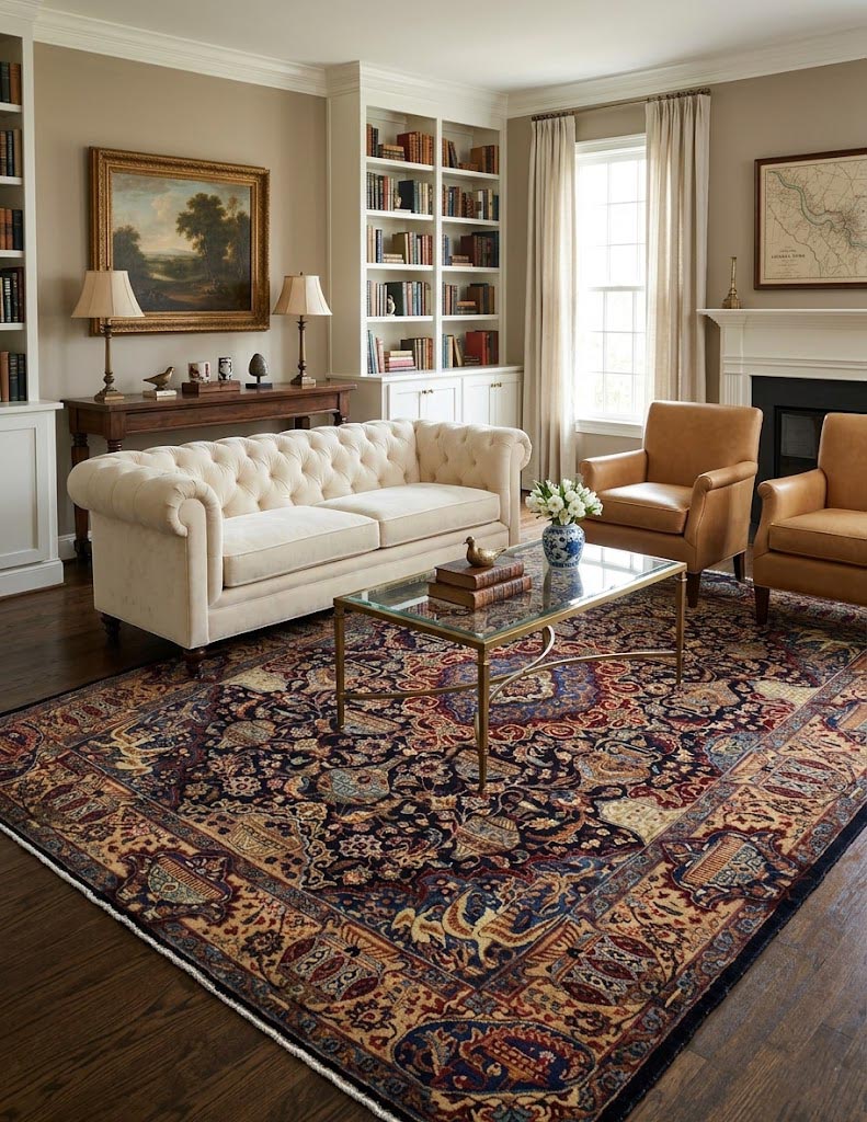 Vintage Dark Navy Pictorial 10' x 13' Kashmar Persian Rug - Image 2