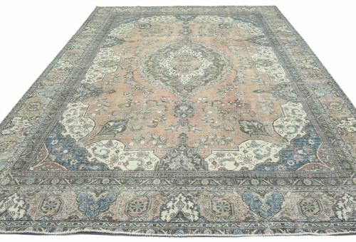 Antique Muted Rust Floral 10'4X13'6 Distressed Vintage Oriental Rug