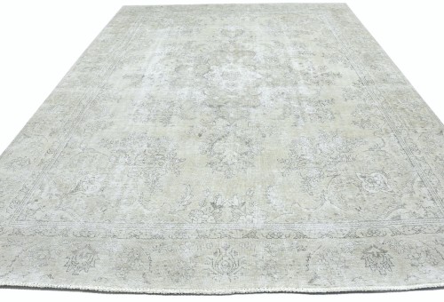 Antique Muted Beige Floral 9X11'5 Distressed Vintage Oriental Rug