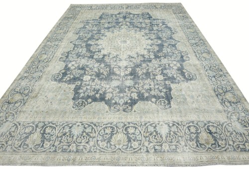 Antique Muted Navy Floral 9'5X12'9 Distressed Vintage Oriental Rug