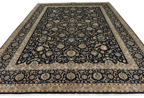 Vintage Dark Navy Traditional 10X13 Kashan Persian Rug