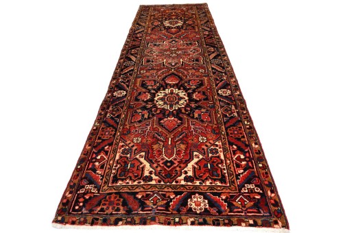Semi Antique Rusty Red Geometric 4X12 Heriz Persian Runner Rug