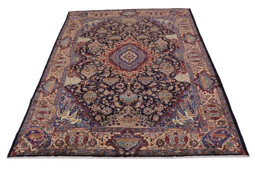 Vintage Dark Navy Pictorial 10' x 13' Kashmar Persian Rug