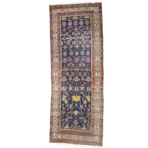 Semi Antique Purple-navy Floral 4X10 Hamedan Persian Runner Rug