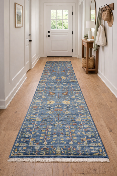 Muted Blue 2’5X10 Floral Oushak Chobi Oriental Runner Rug