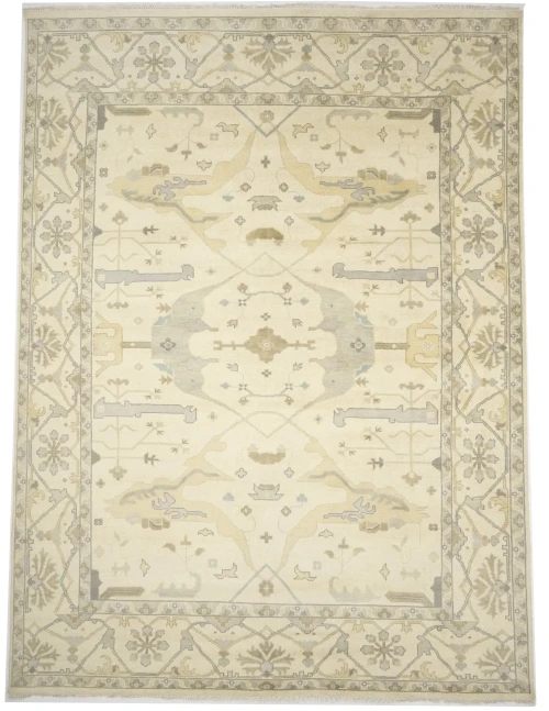 Muted Beige Floral Transitional 10X14 Oushak Oriental Rug