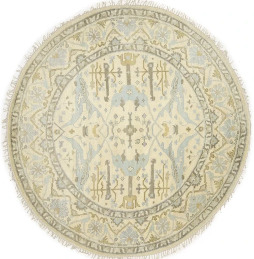 Muted Cream Floral Transitional 8X8 Oushak Oriental Round Rug