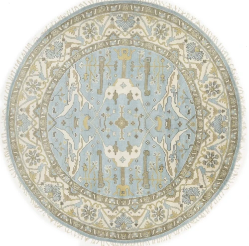 Muted Light Blue Floral Transitional 9X9 Oushak Oriental Round Rug