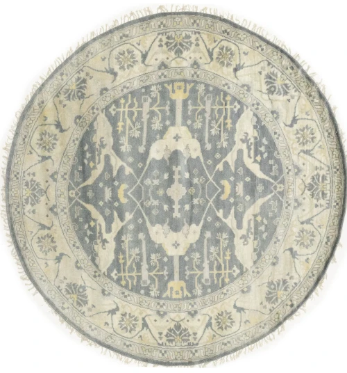Muted Gray Floral Transitional 9X9 Oushak Oriental Round Rug