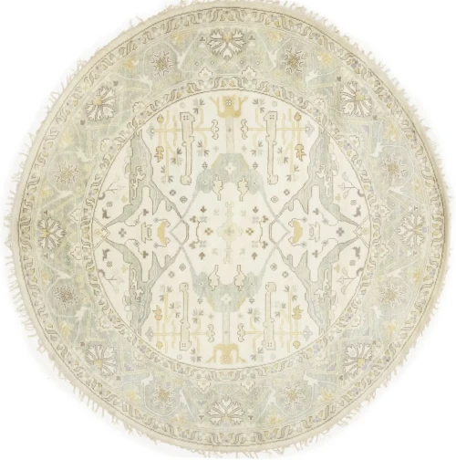 Muted Cream Floral Transitional 9X9 Oushak Oriental Round Rug