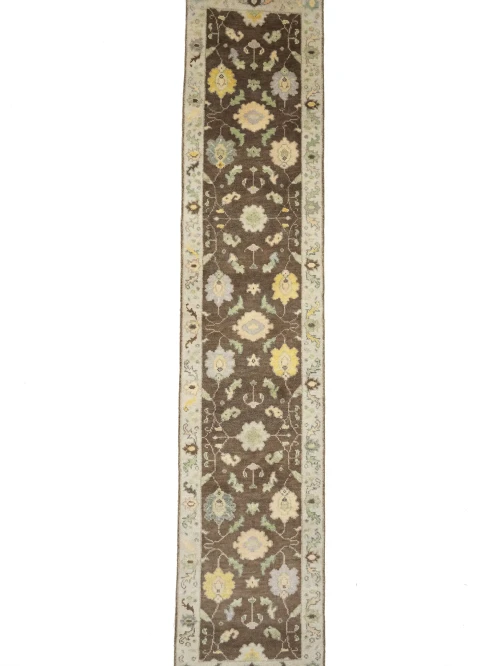 Muted Brown Floral 3X12 Transitional Oushak Chobi Oriental Runner Rug