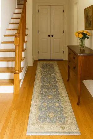 Blue-gray Floral 4X12 Oushak Chobi Oriental Runner Rug